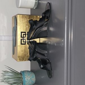 Louis Vuitton, 6.5, Black with metallic silver detail. Women's wedge sandle